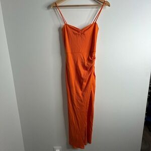 Reformation Formosa Ribbed Orange Ruched Side Slit Midi Dress XS Spaghetti Strap